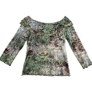 GRACE | Vintage Y2K S Green Brown Ruffle Off Shoulder Boat Neck 3/4 Sleeve Top